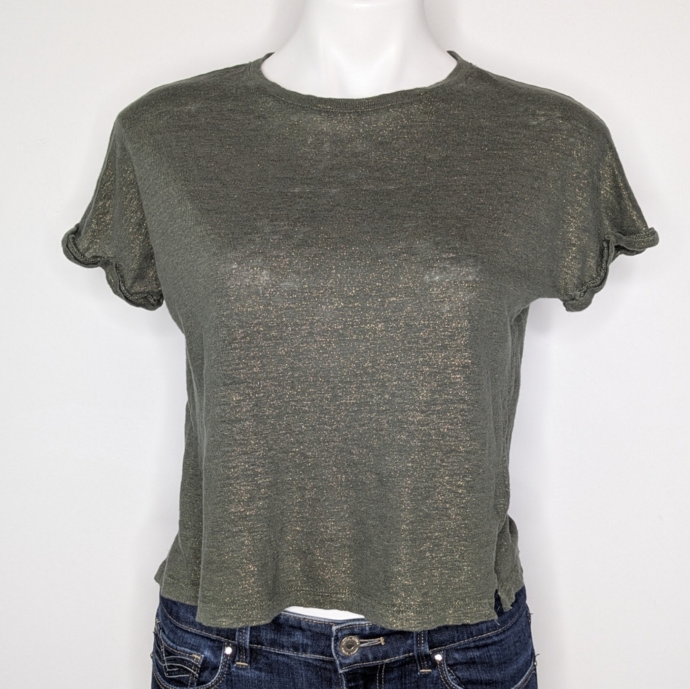 Monoprix Green Gold Shimmer Short Sleeve Linen Knit T-shirt S